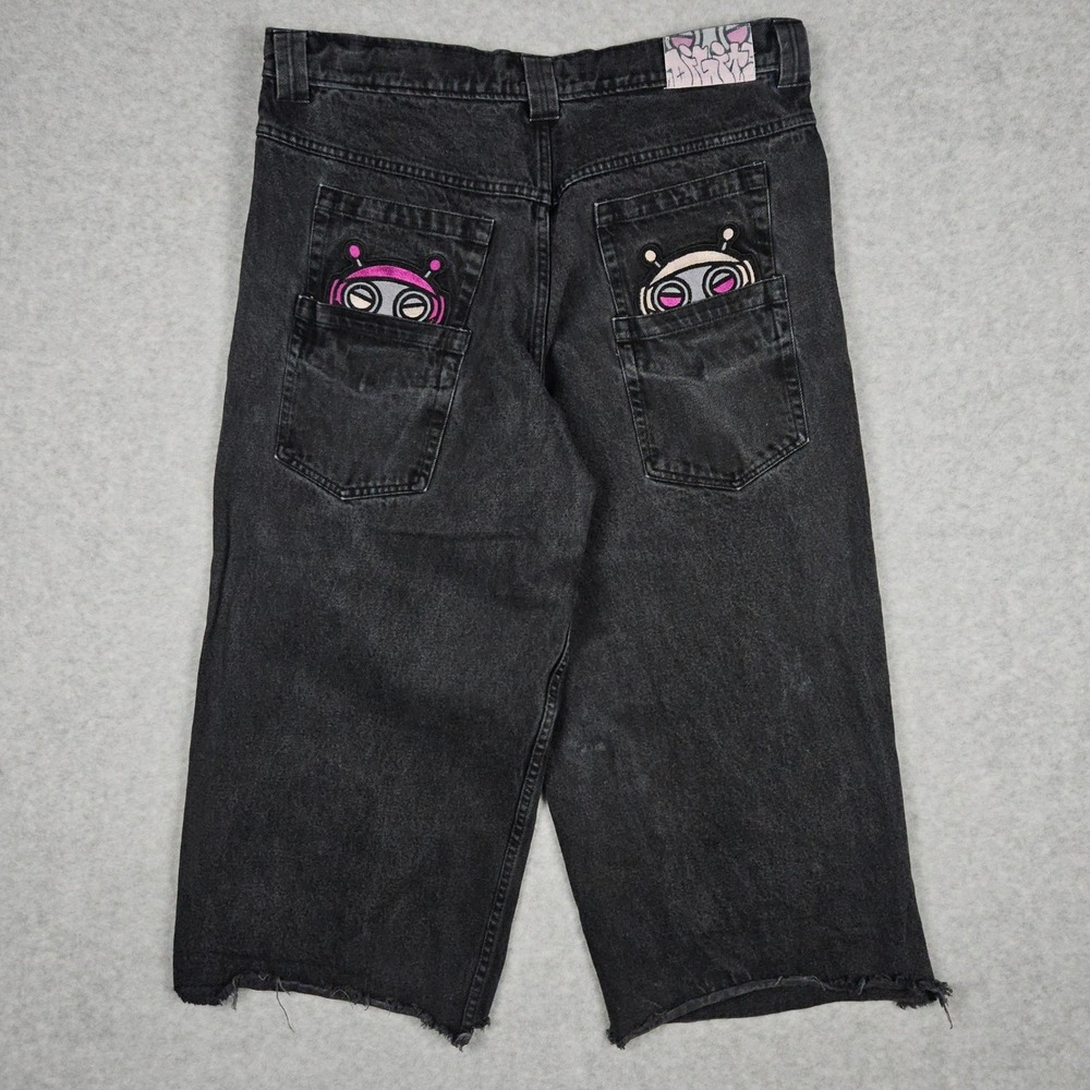 Digits Mens XXL 38x26 Black Denim Pants Shorts Baggy Wide Leg Y2K Skater‎ Alien